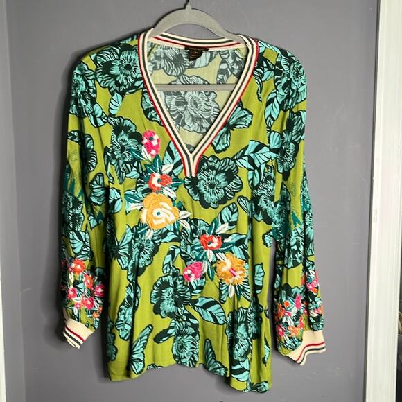 Vineet Bahl Green Floral Embroidered Tunic with Flared Sleeves Size XS - Picture 7 of 7